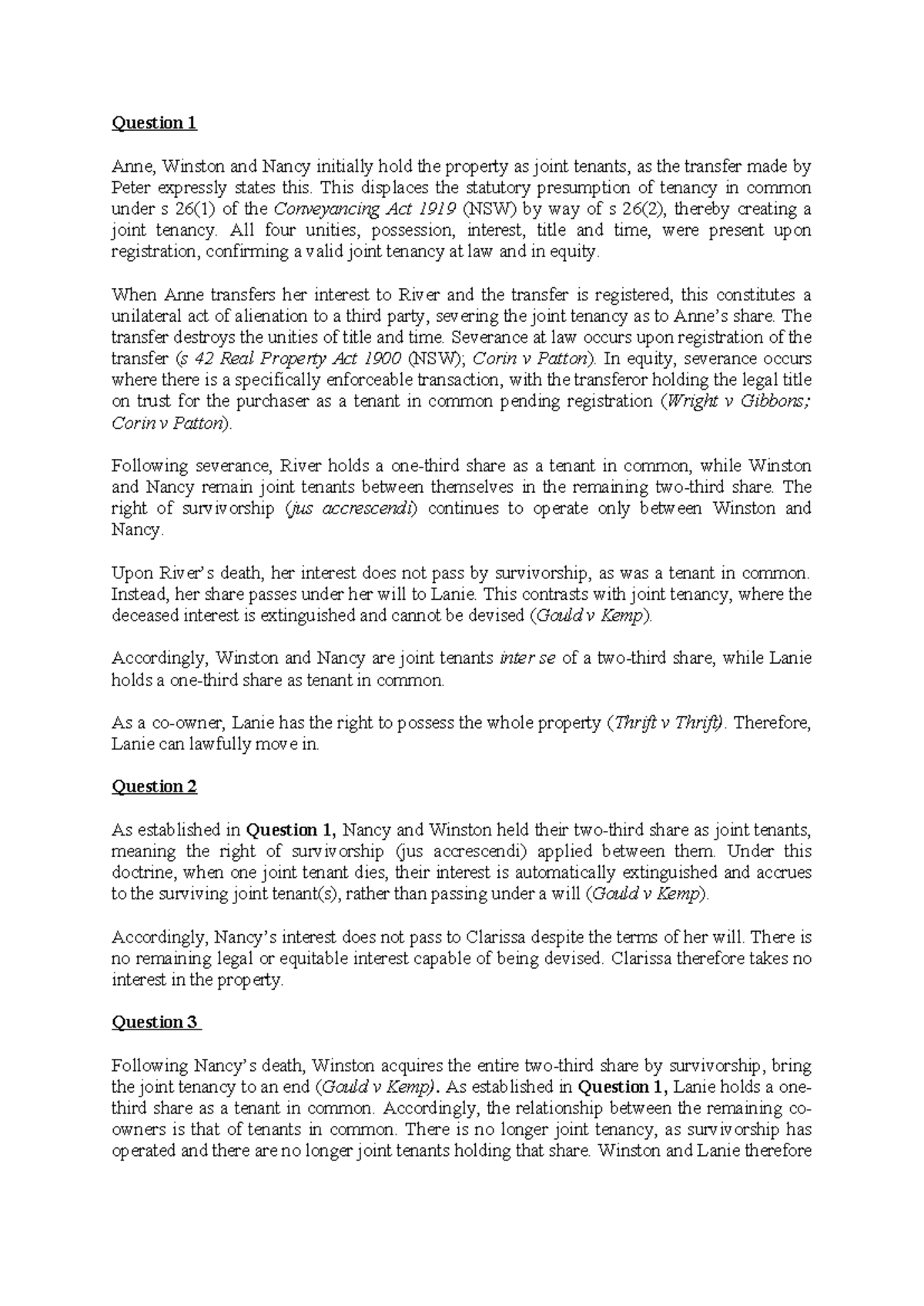 RP Worksheet 3: Joint Tenancy and Severance Analysis - Studocu