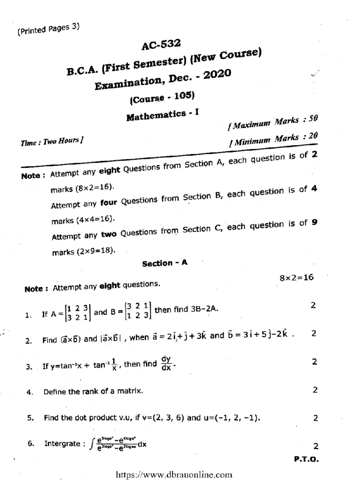 BCA 1 Sem Mathematics 1 AC 532 Final Exam Dec 2020 - Studocu