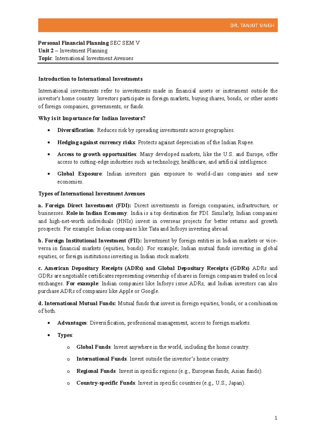 Unit 2 - Personal financial planning SEC Sem V: International ...
