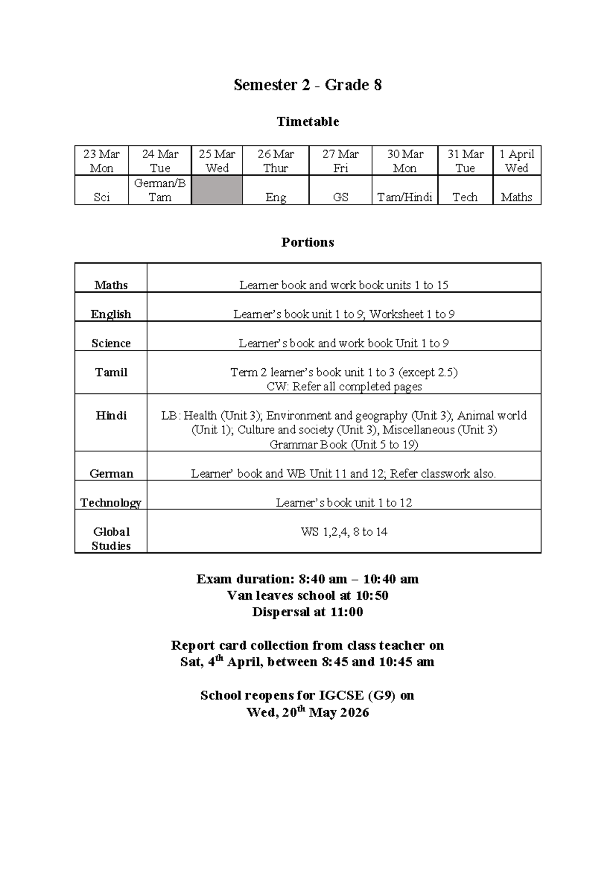 Grade 8 Semester 2 Timetable & Study Portions - Studocu