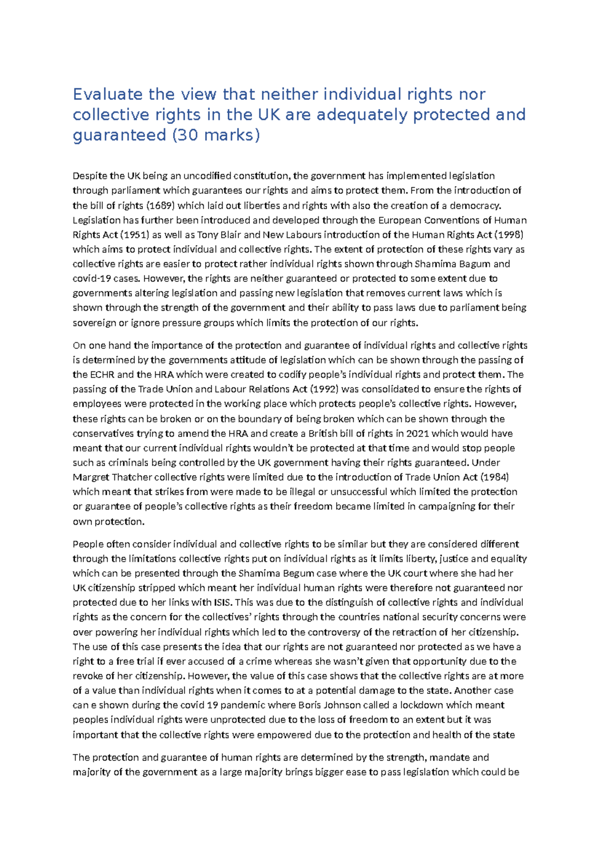 UK Individual & Collective Rights: Evaluation of Legal Protections ...