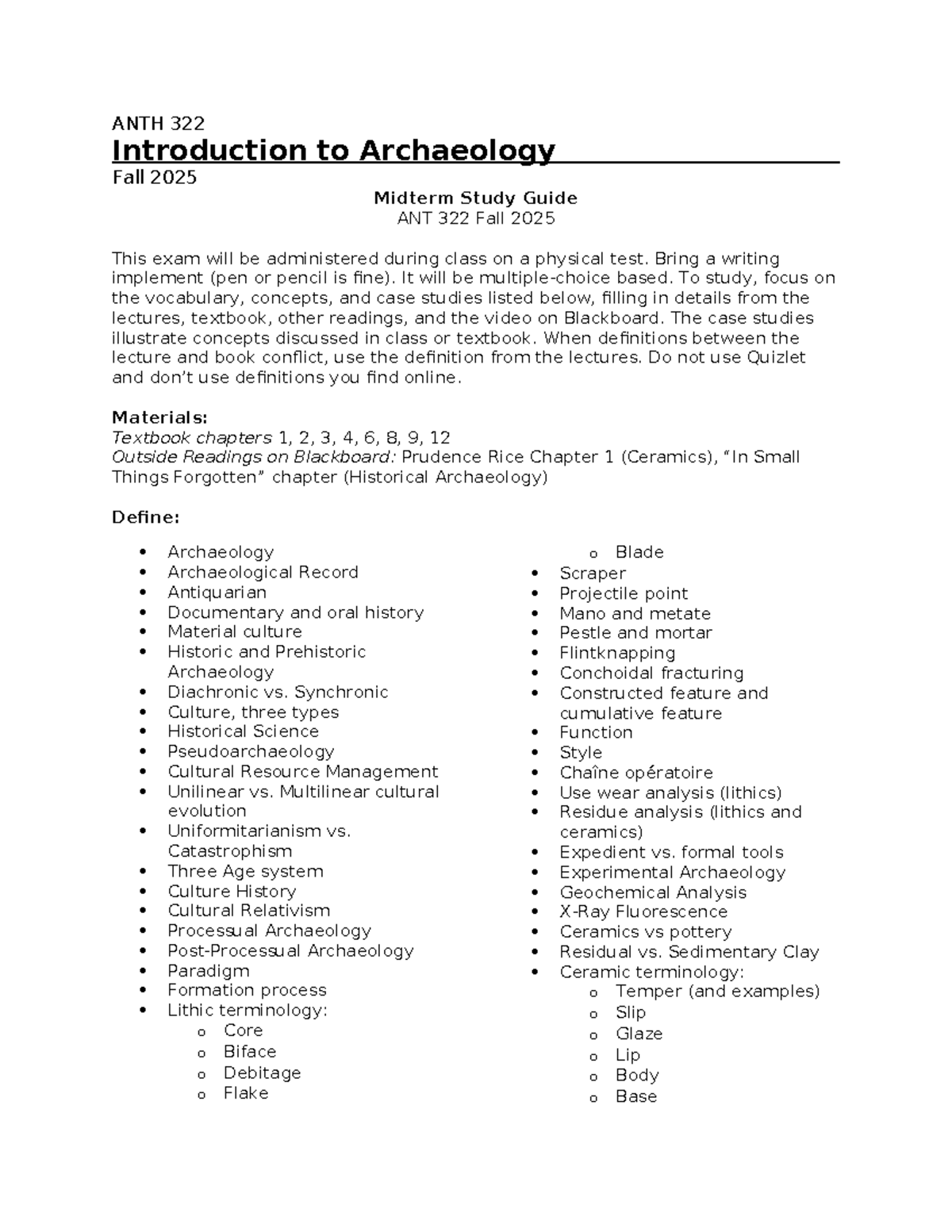 Anth 322 Fall 2025 Midterm Study Guide Key Archaeology Concepts Studocu