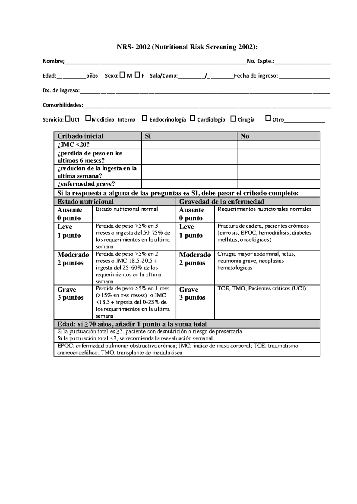 Formularios de Valoración Nutricional - NRS 2002 - Studocu
