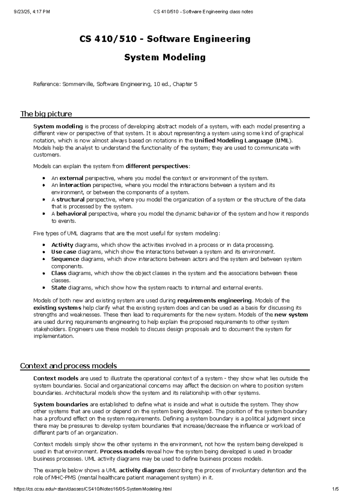 CS 410 510 - Software Engineering Class Notes: System Modeling Overview ...