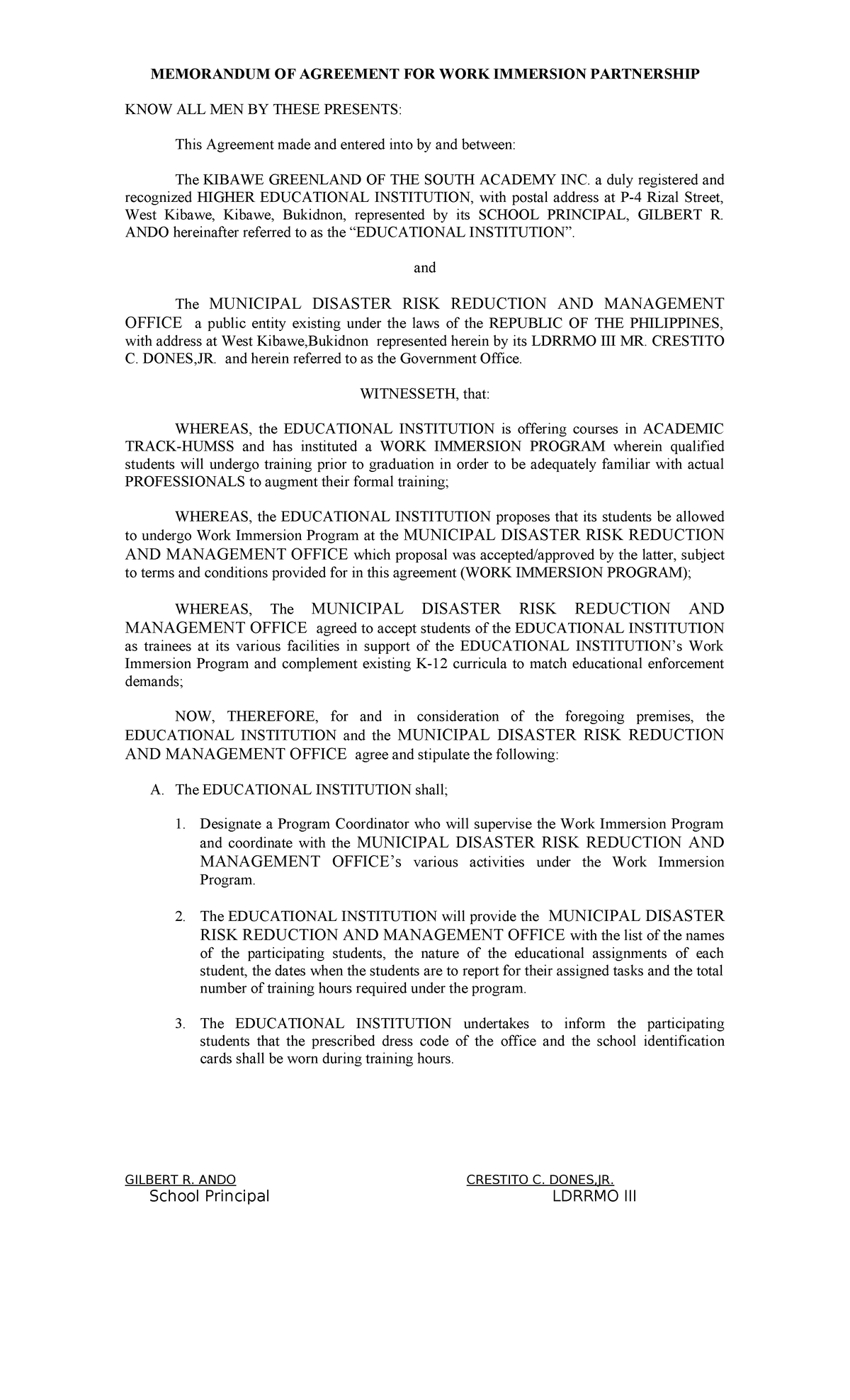 Memorandum of Agreement for Work Immersion Partnership - Studocu