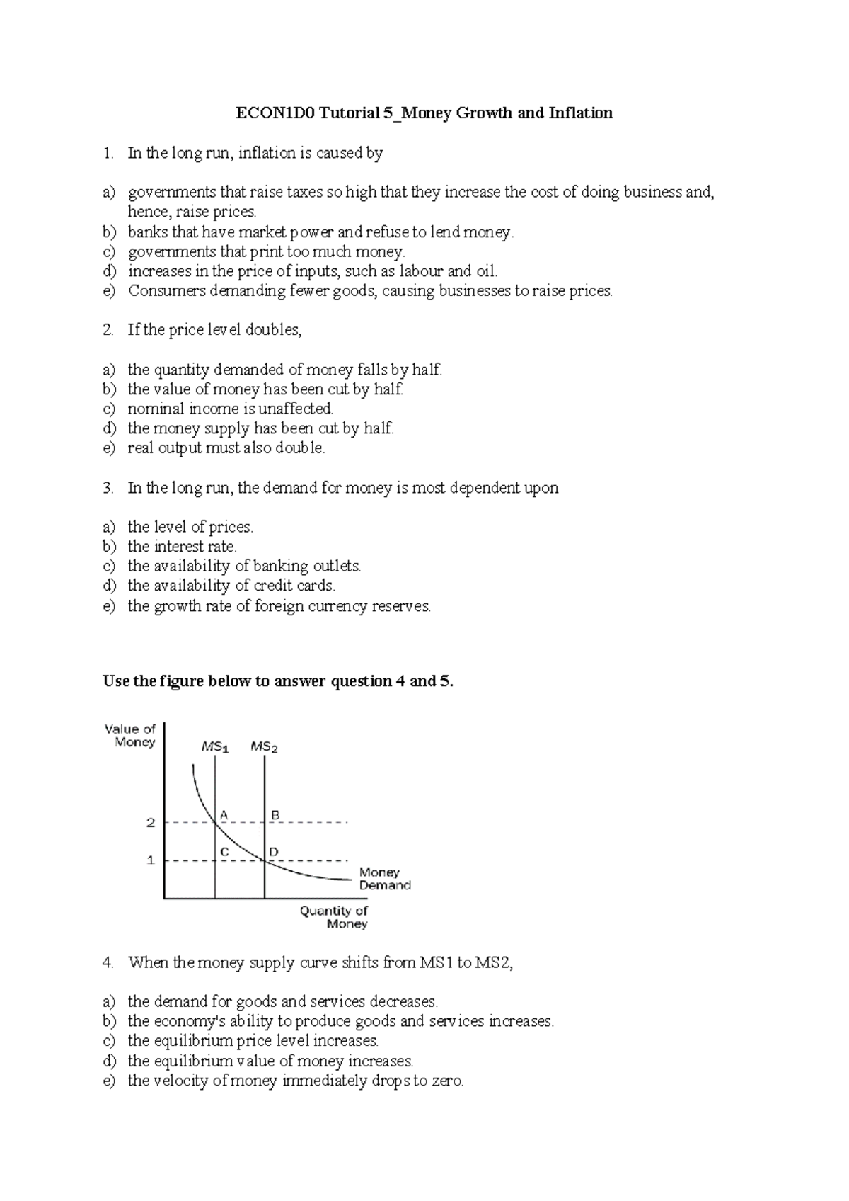 ECON1D0 Tutorial 5: Money Growth & Inflation Questions - Studocu