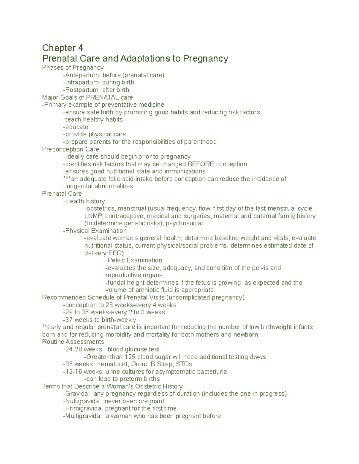 OB-Chapter-4 - Lecture notes for OB - Chapter 4 Prenatal Care and ...
