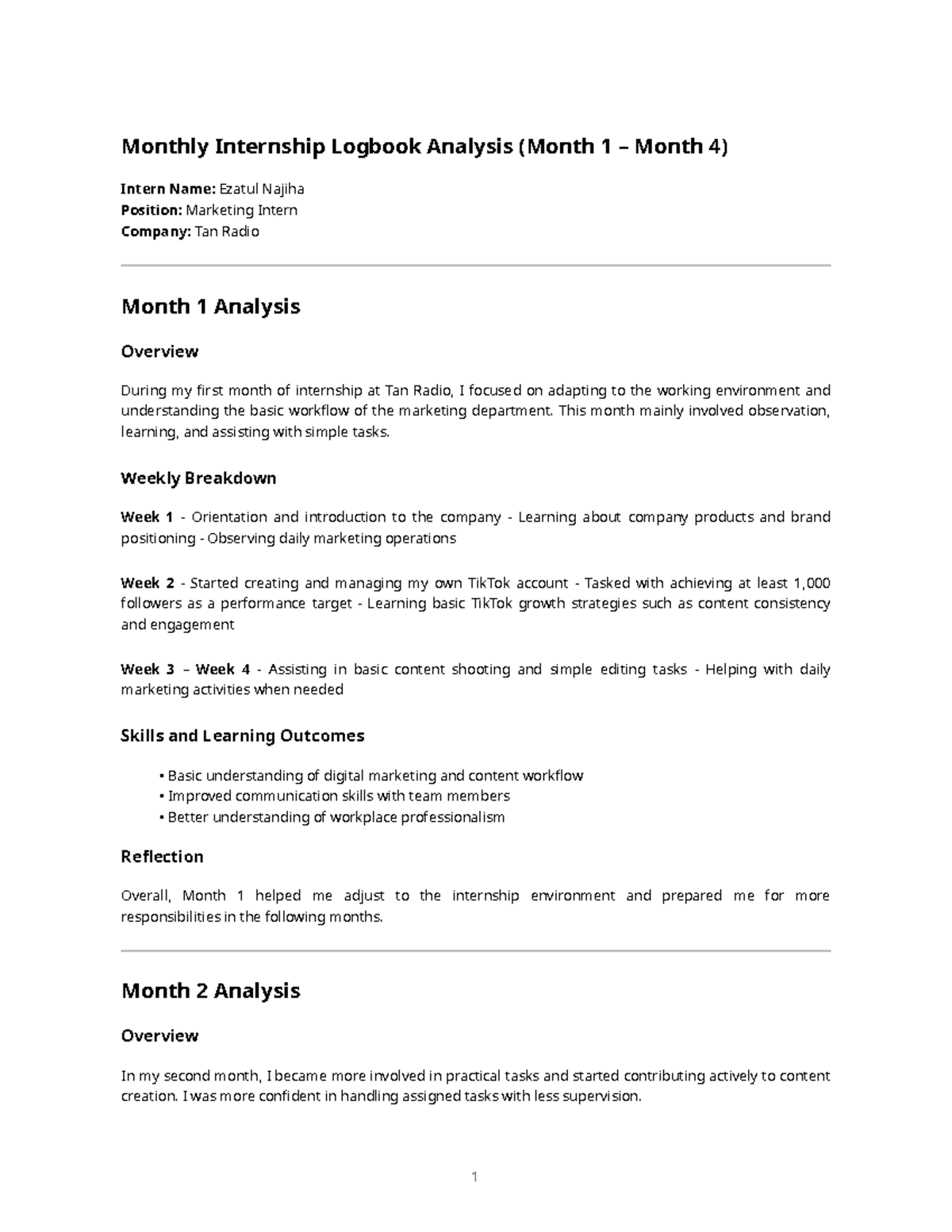 Internship Logbook Analysis: Marketing Intern at Tan Radio (Months 1-4 ...