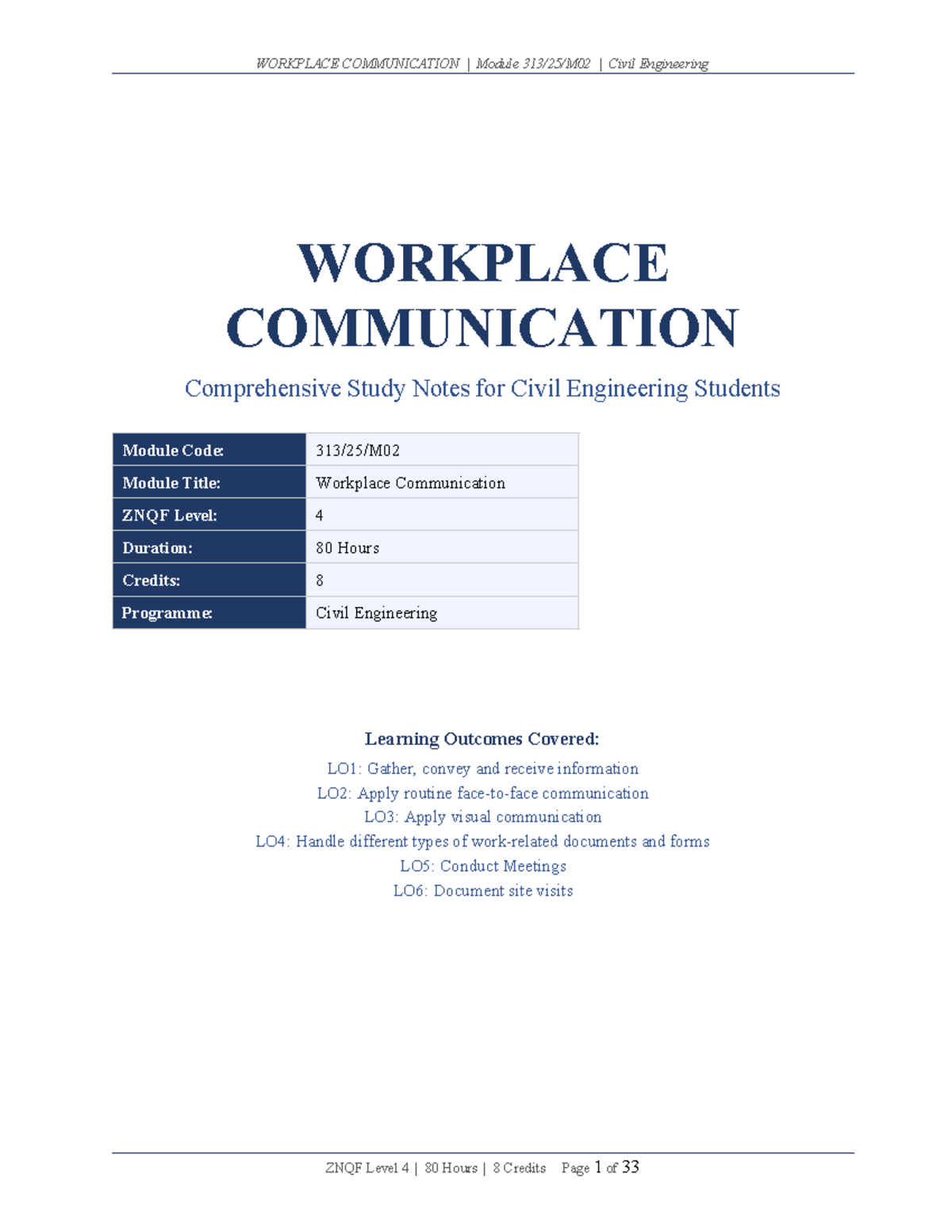 Workplace Communication Study Notes for Civil Engineering (ZNQF Level 4 ...