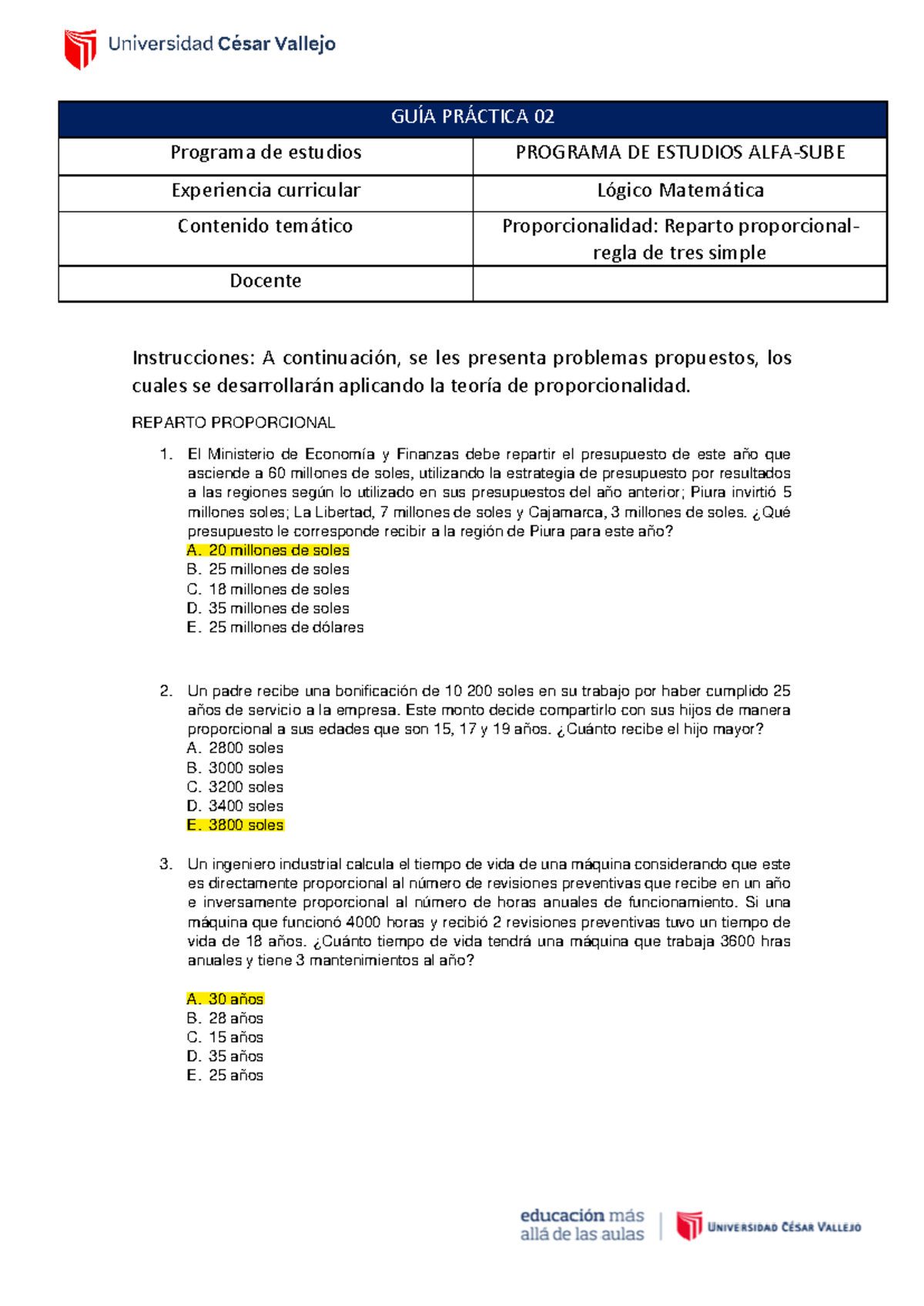 GUÍA Práctica 02 - Proporcionalidad y Reparto Proporcional - Studocu