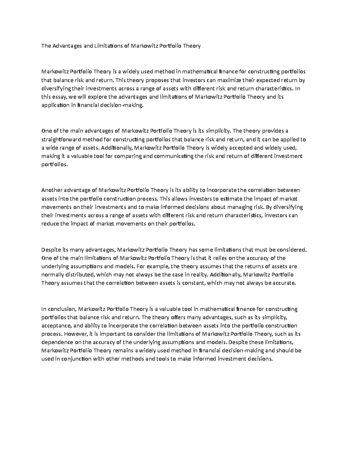 Advantages and Limitations of Markowitz Portfolio Theory: An Essay ...