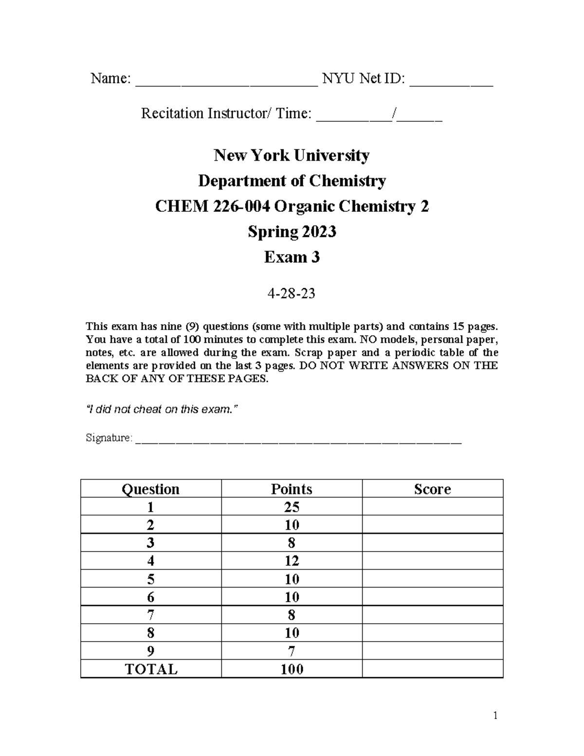 CHEM 226 - 004 Organic Chemistry 2 Spring 2023 Exam 3 Practice Test ...