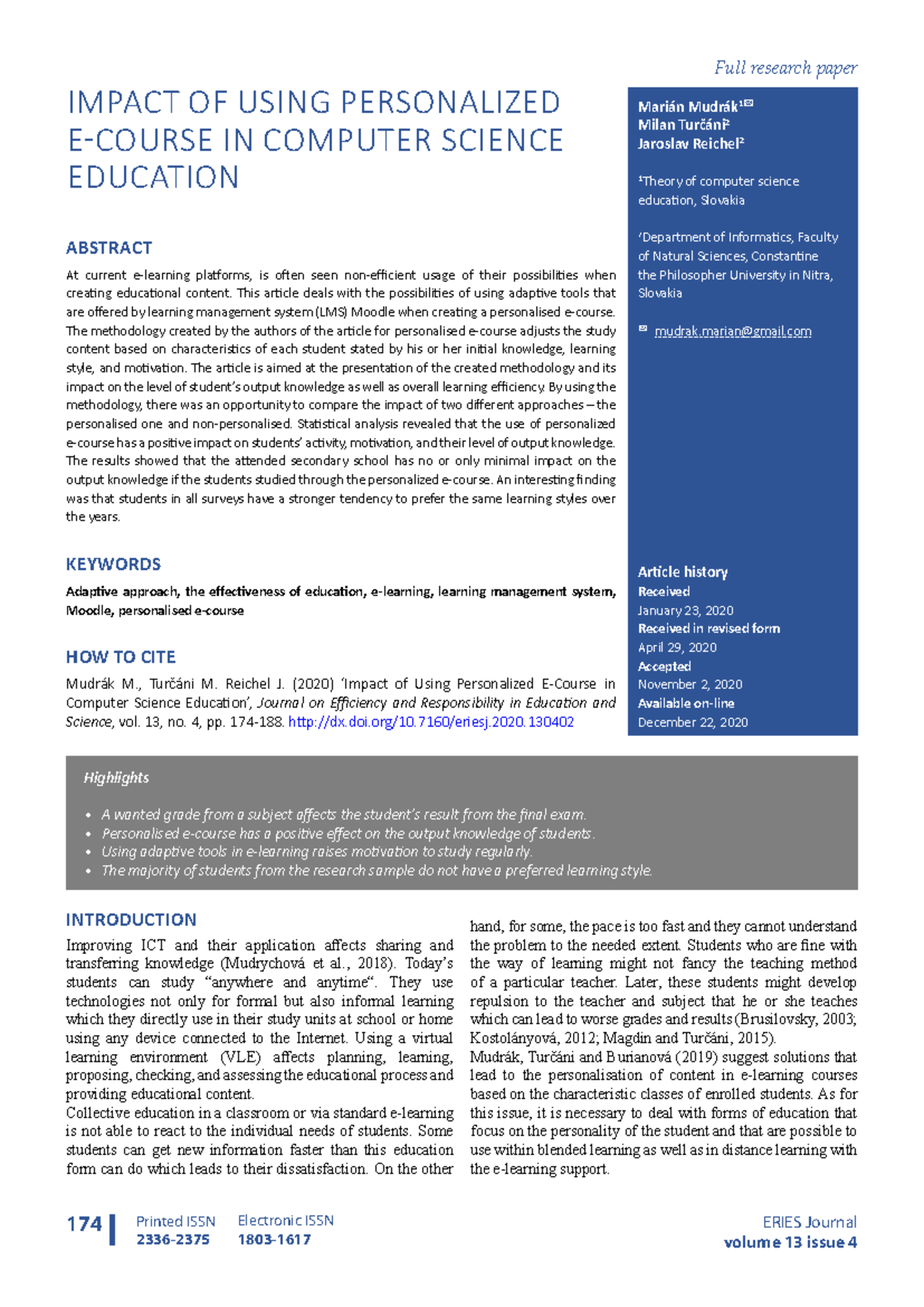 Impact of Personalized E-Course in Computer Science Education (CS101 ...