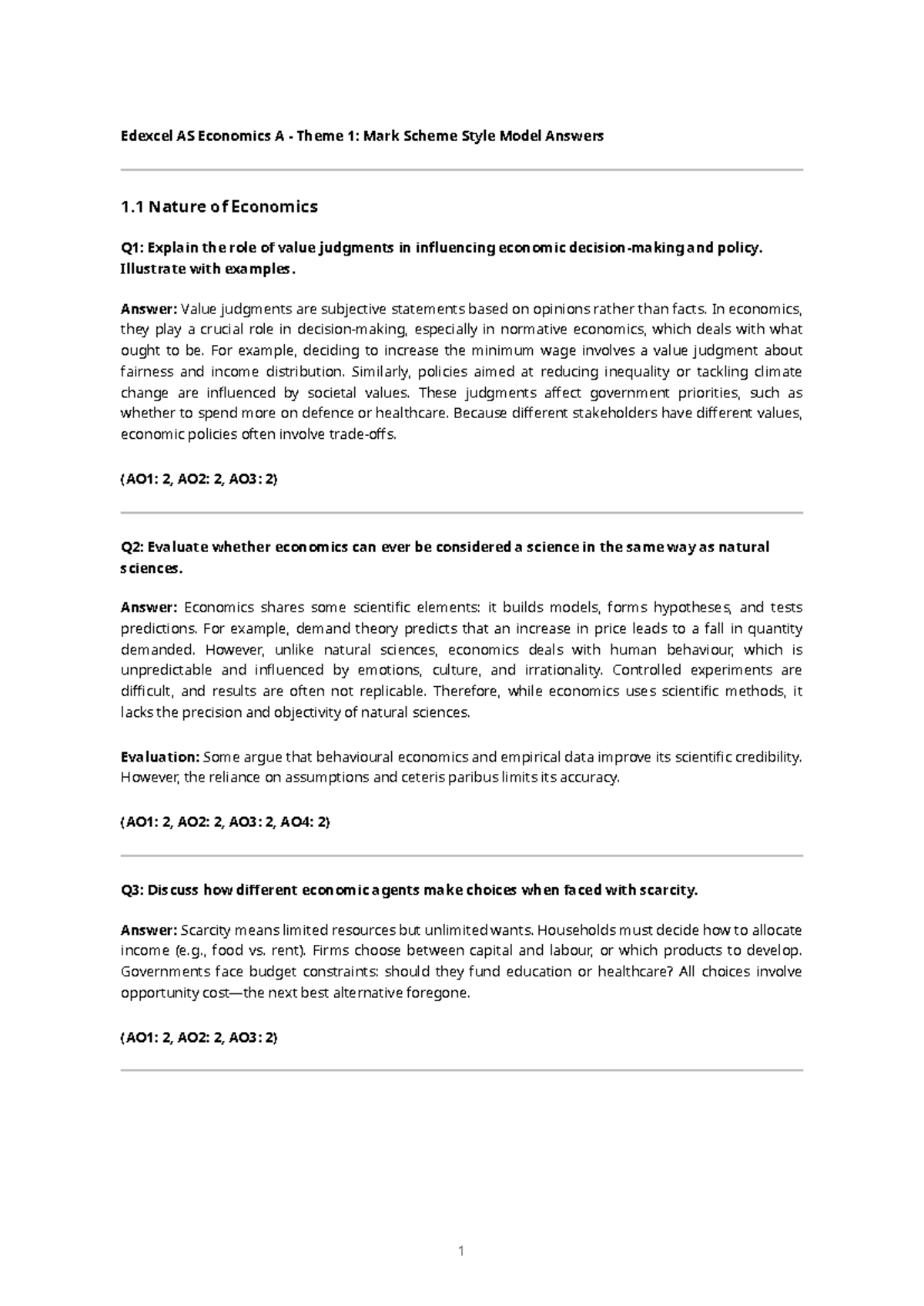 Edexcel AS Economics A Theme 1: Model Answers on Value Judgments and ...