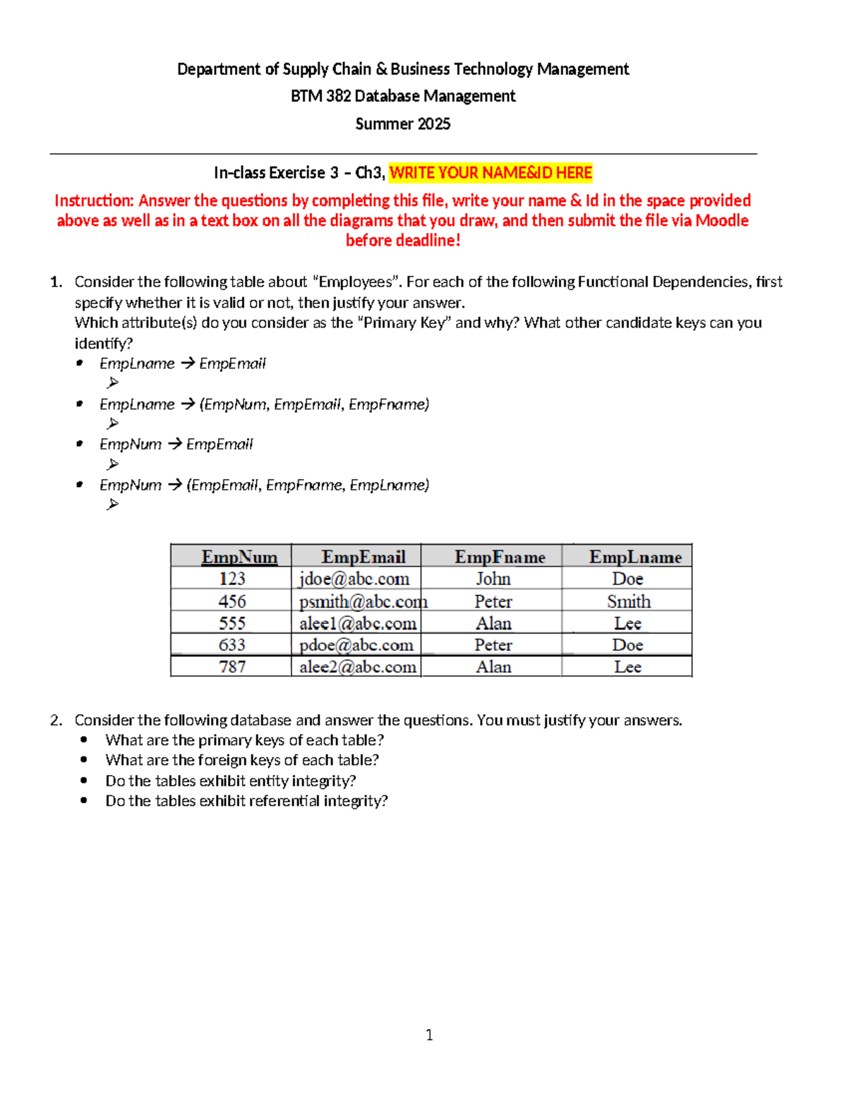 BTM 382 Database Management Exercise 3: Functional Dependencies ...