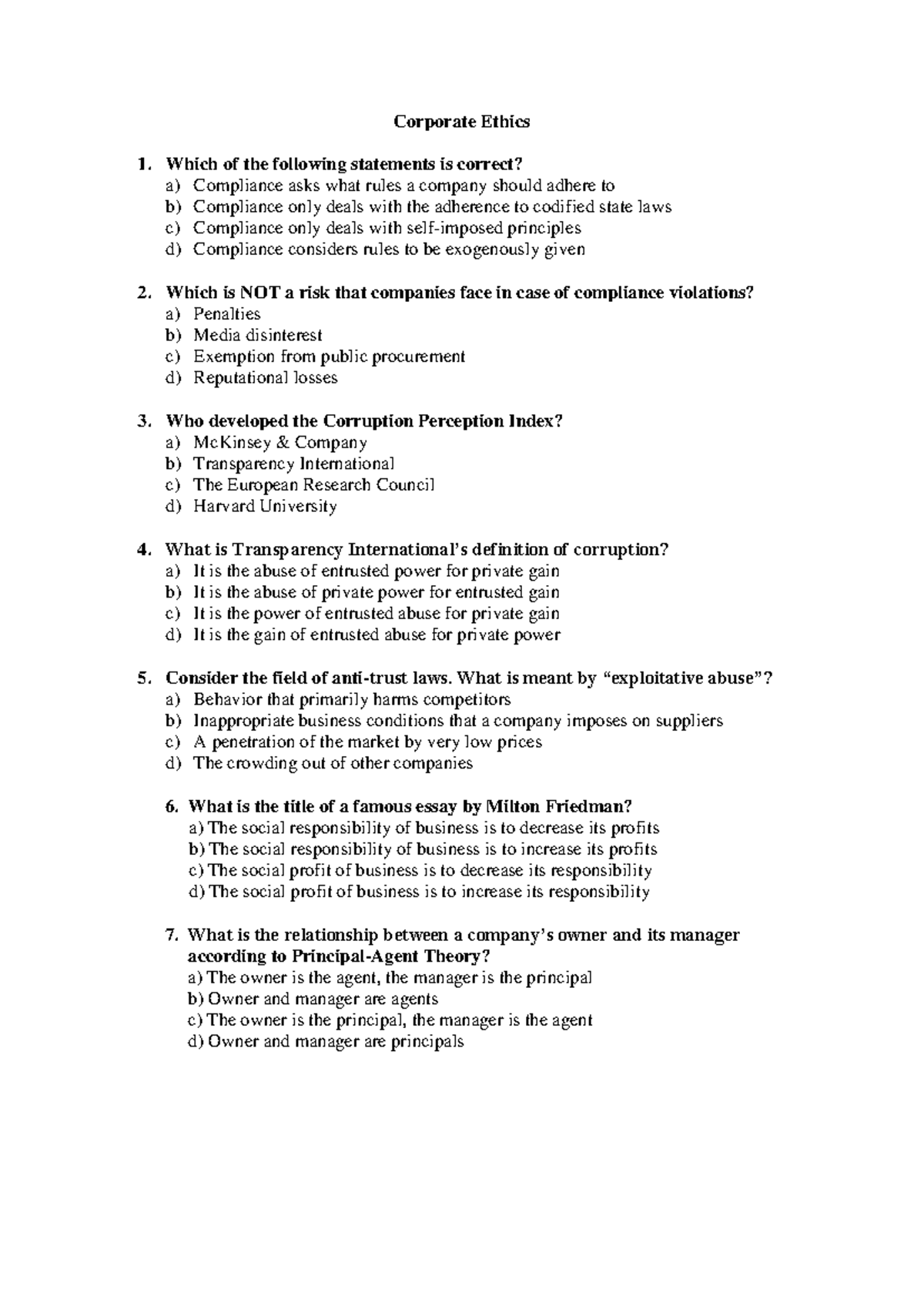 Quiz on Corporate Ethics - Key Concepts and Questions - Studocu
