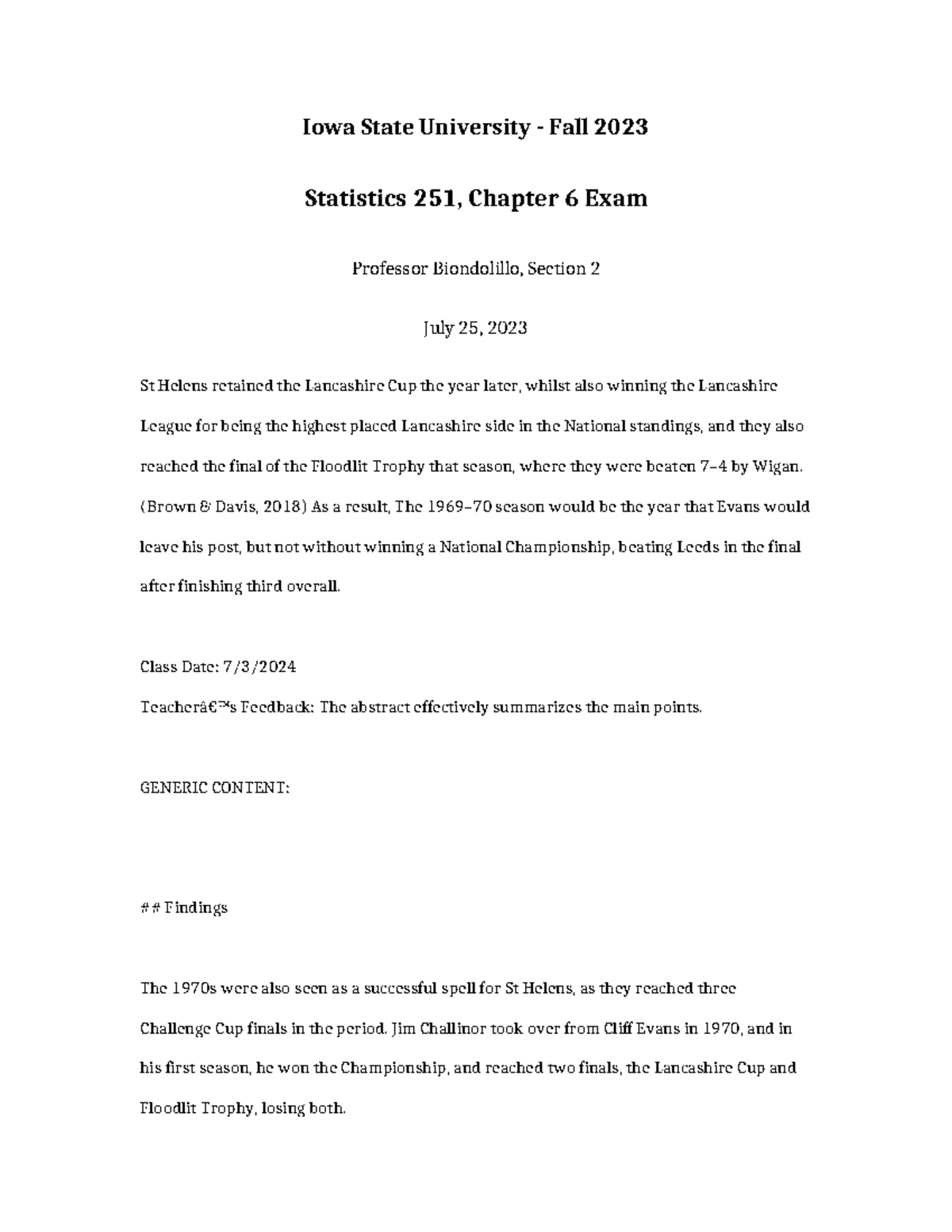 Iowa State University Fall 2023 Statistics 251, Chapter 6 Exam Review ...