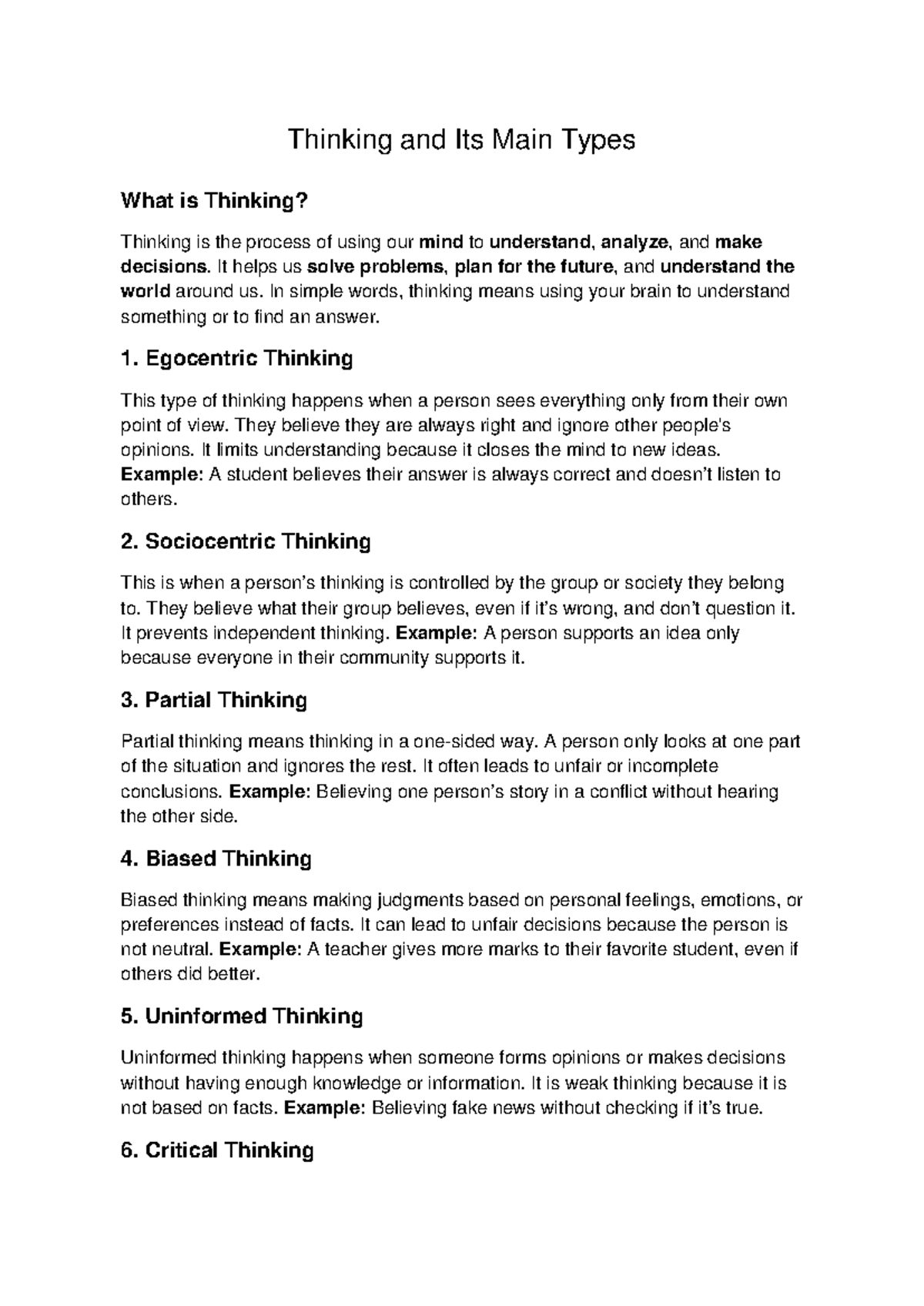 Types of Thinking: Understanding and Analyzing Thought Processes - Studocu