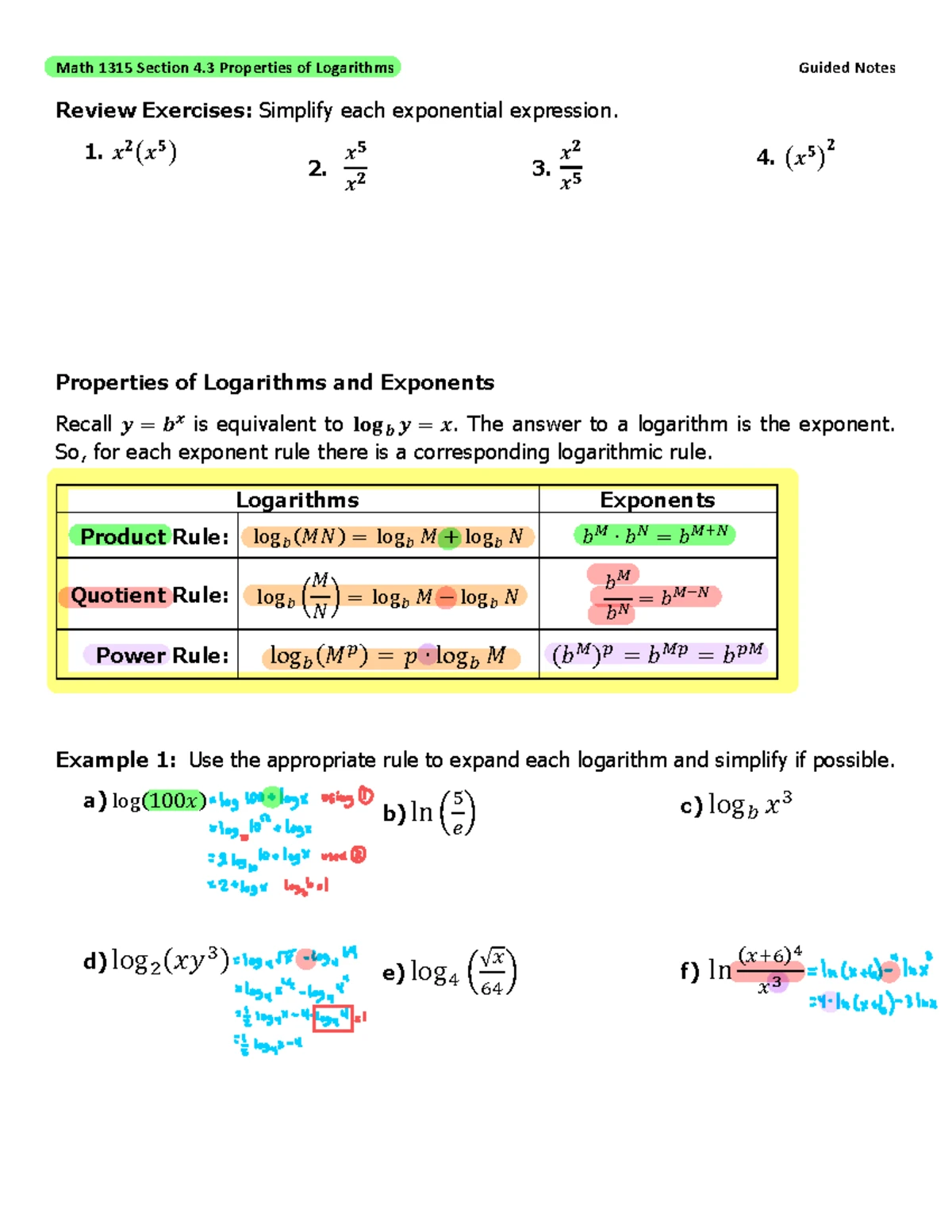 Math 101 Exam 3 Review: Logarithms & Exponential Functions Concepts ...