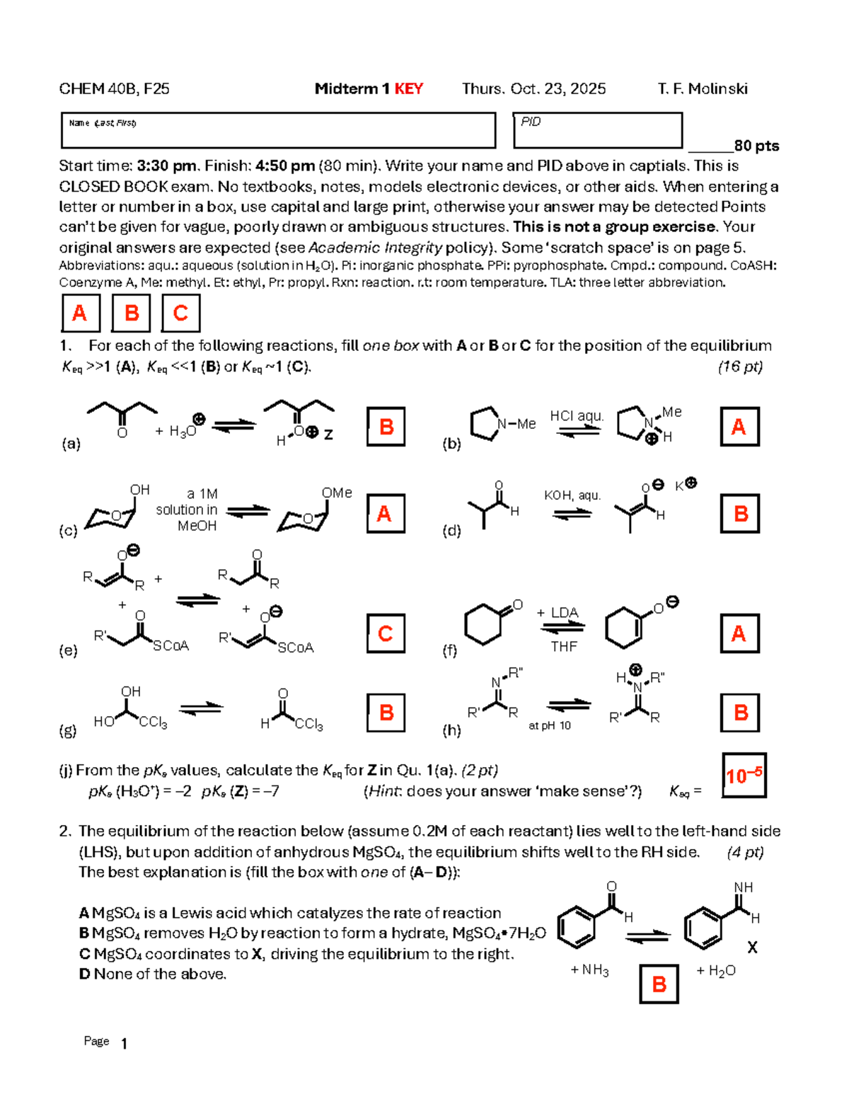 CHEM 40B Midterm 1 Key - Fall 2025 - Studocu