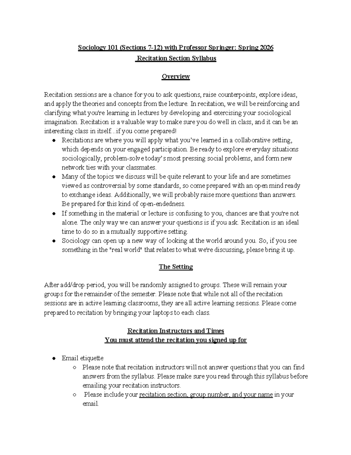 Sociology 101: Spring 2026 Recitation Section Syllabus Overview - Studocu
