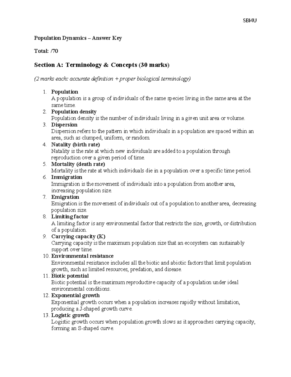 SBI4U Population Dynamics Study Guide: Key Concepts & Answers - Studocu