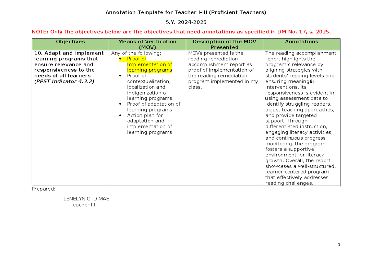 Annotation Template for Teacher (Proficient Teachers) S.Y. 2025 - Studocu