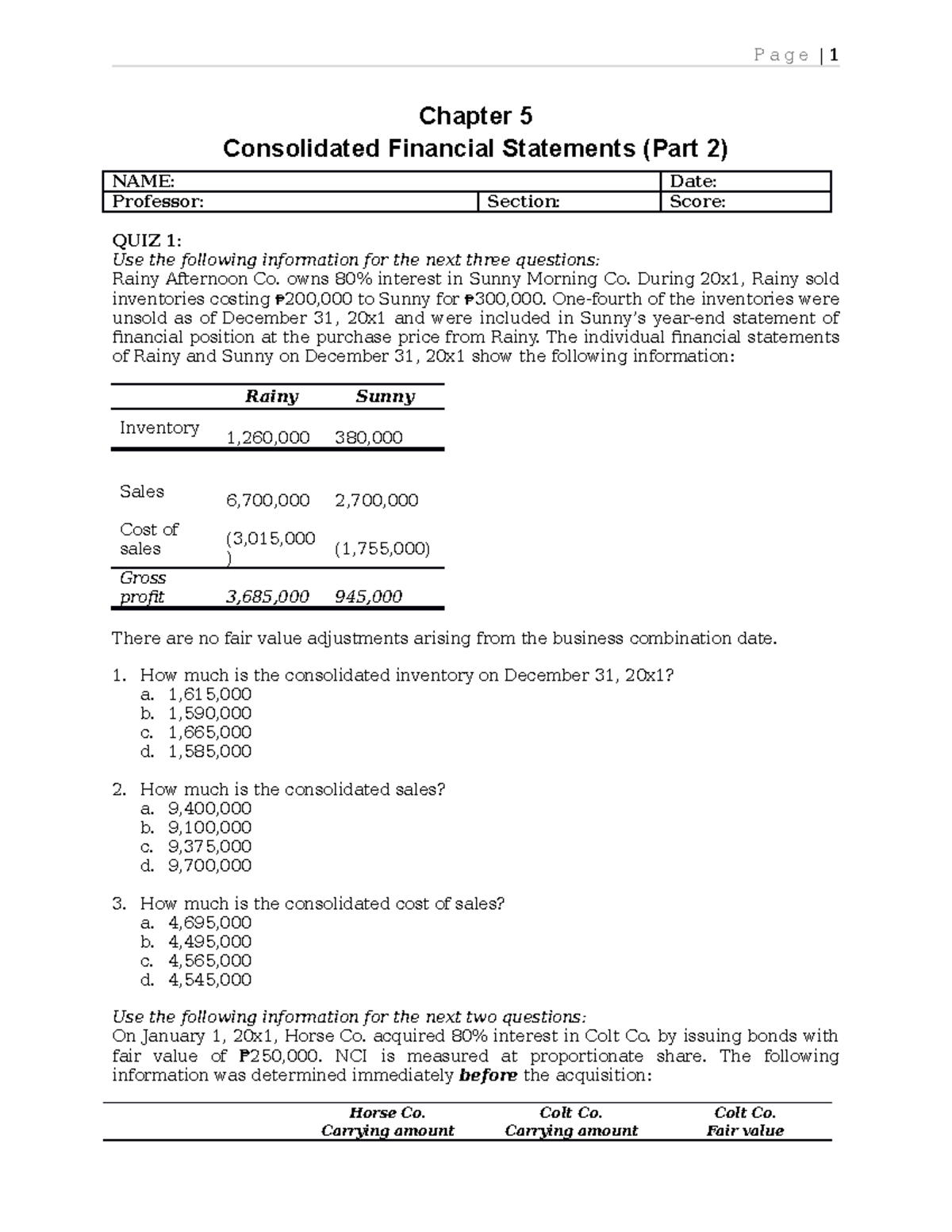 QUIZ Chapter 5 Consolidated Financial Statements (Part 2) Analysis ...