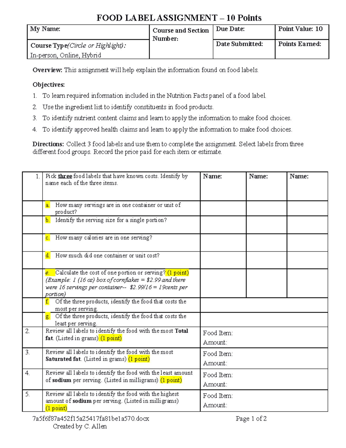 Food Label Assignment - Understanding Nutritional Information (10pts ...