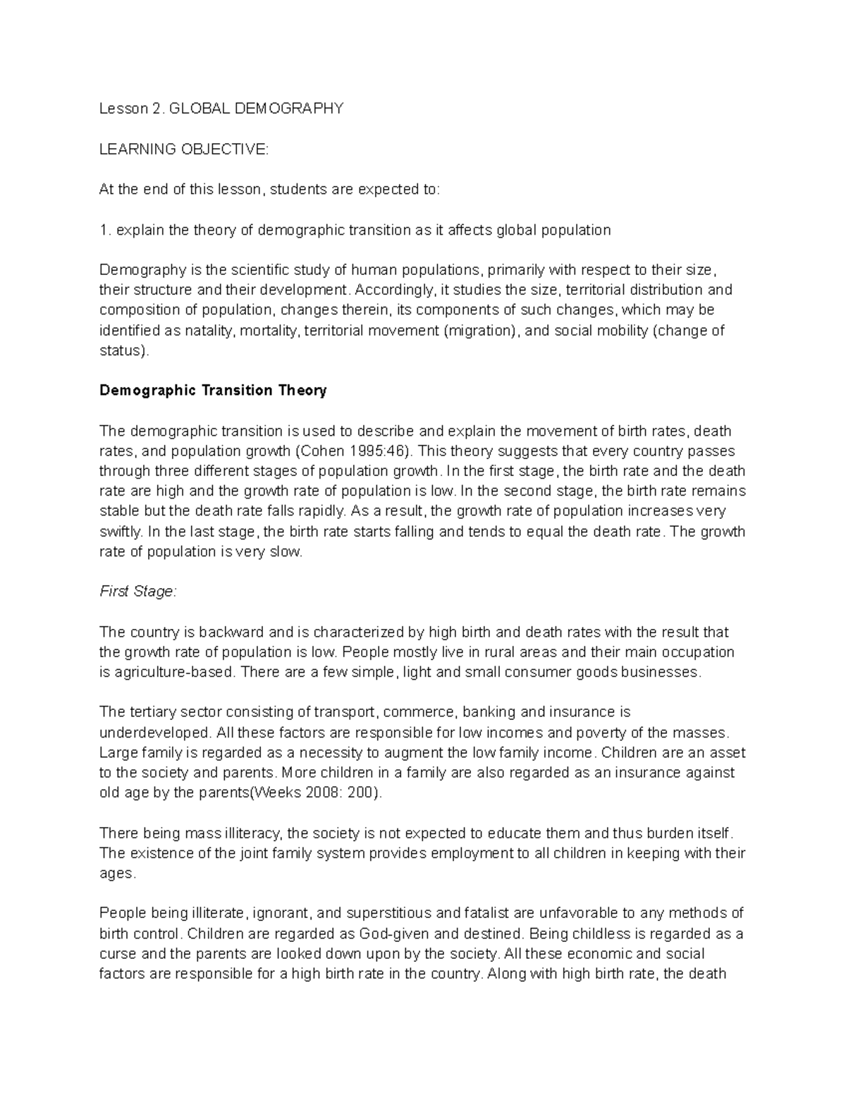Lesson 2: Understanding Global Demography and Migration Dynamics - Studocu