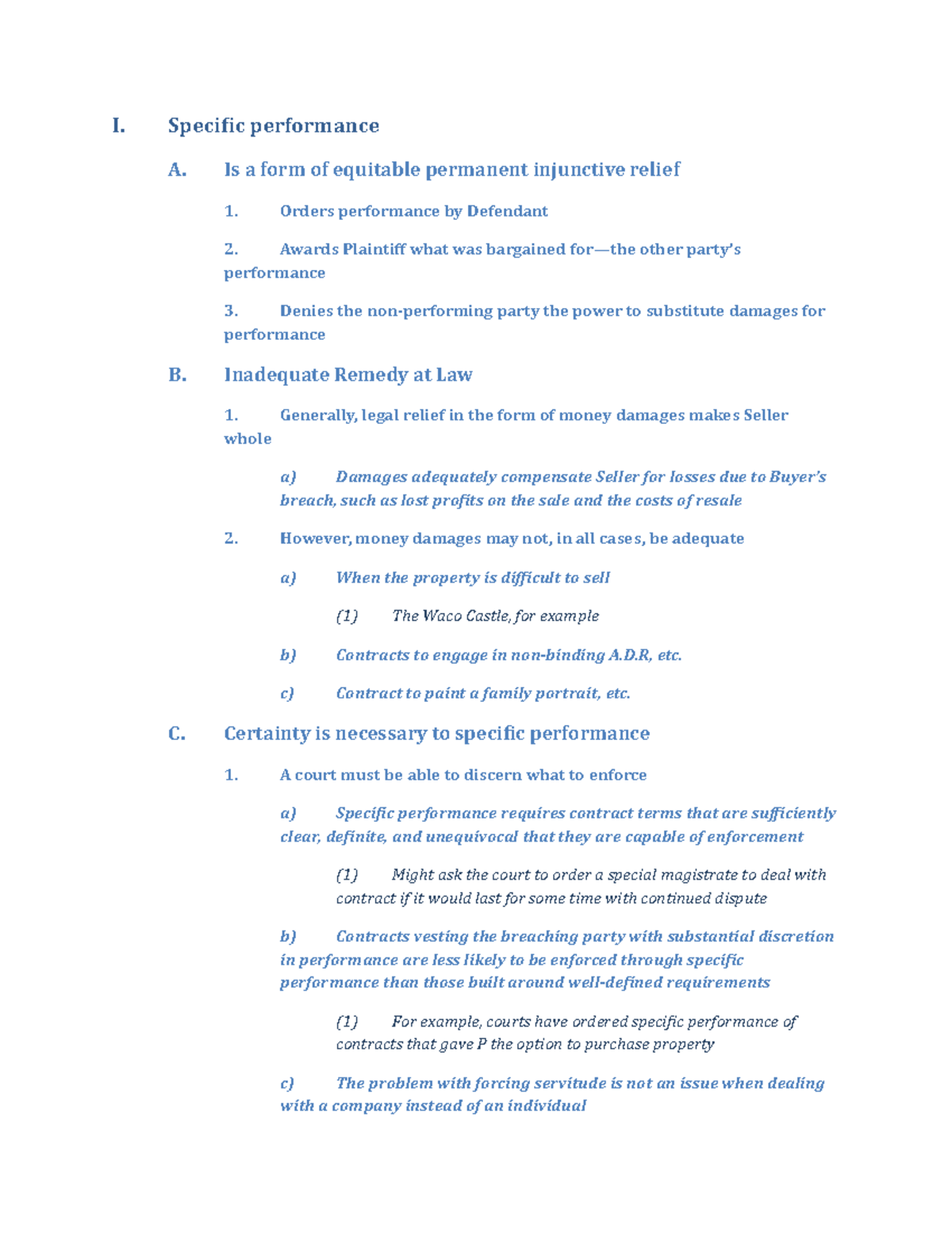 Specific performance - outline - I. Specific performance A. Is a form ...