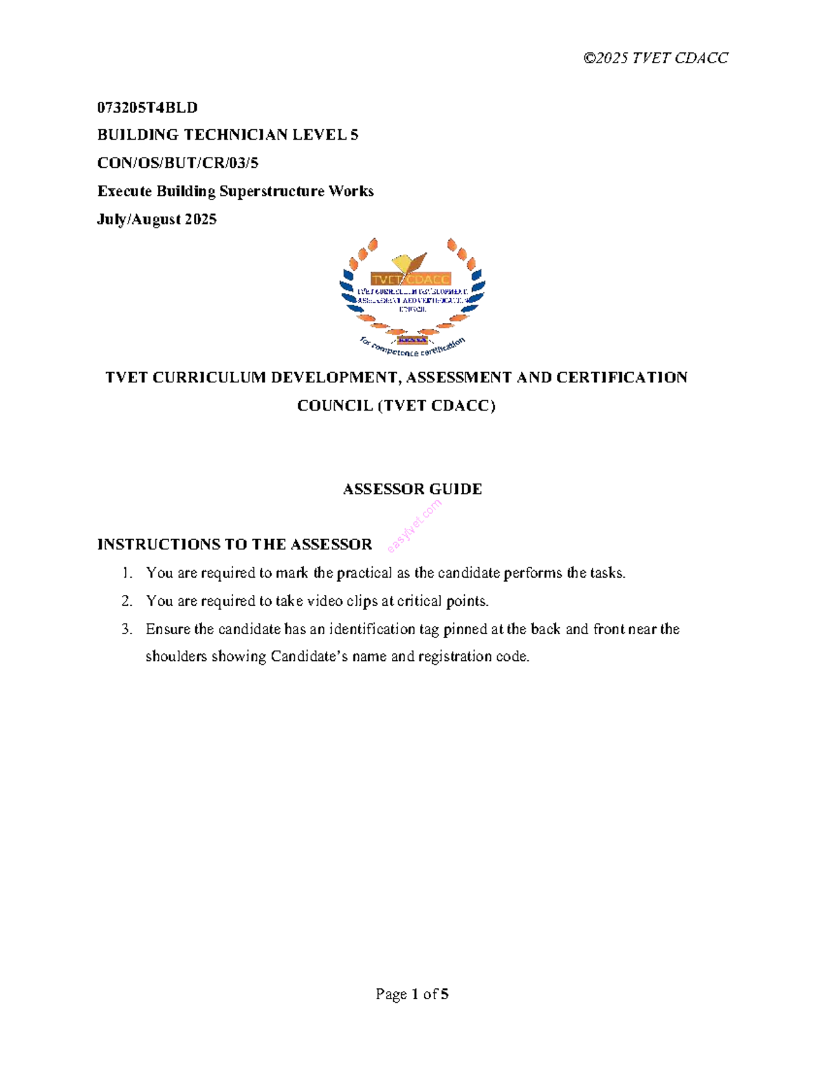 TVET CDACC 073205T4BLD Level 5 Building Technician Practical Assessment ...