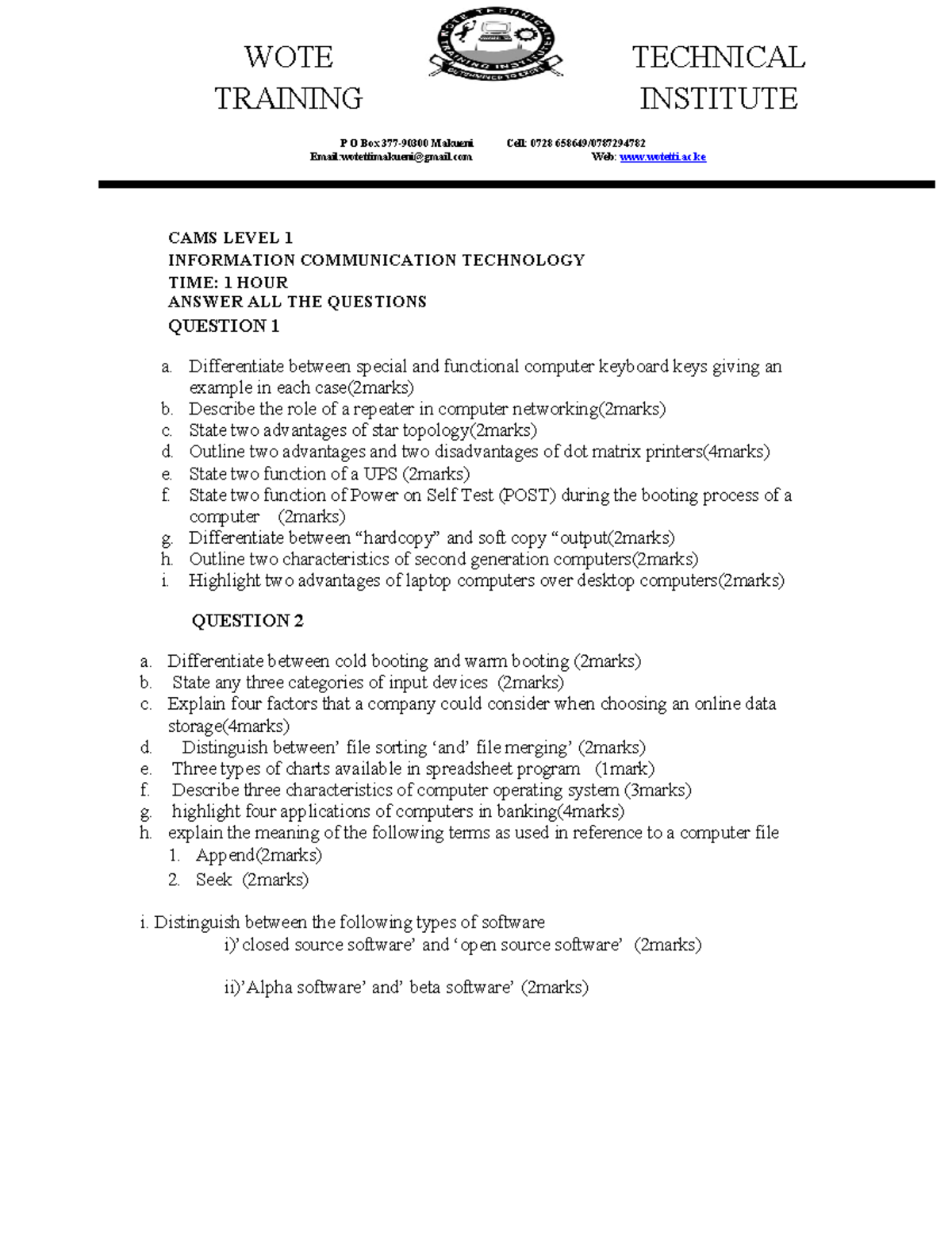 CAT 2 EXAM - WOTE ICT Level 1: Computer Fundamentals & Networking - Studocu
