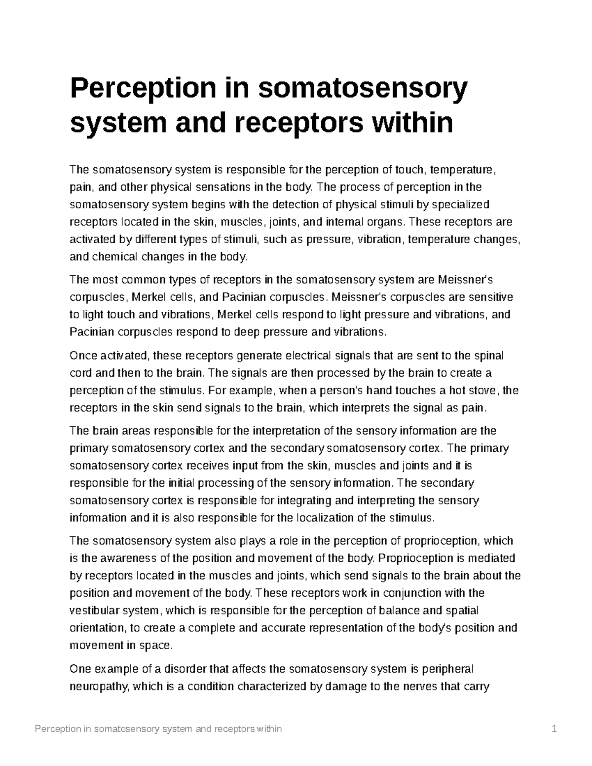 Perception in somatosensory system and receptors within - The process ...