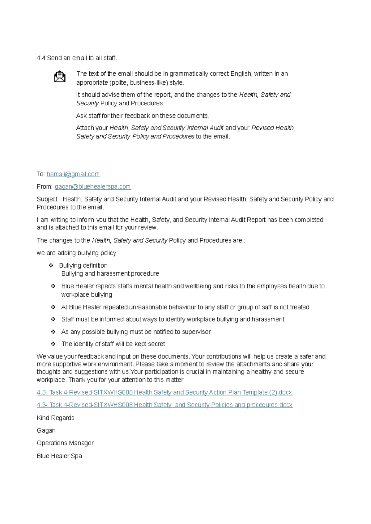 4.4 - Email to Staff: Health, Safety & Security Policy Updates - Studocu