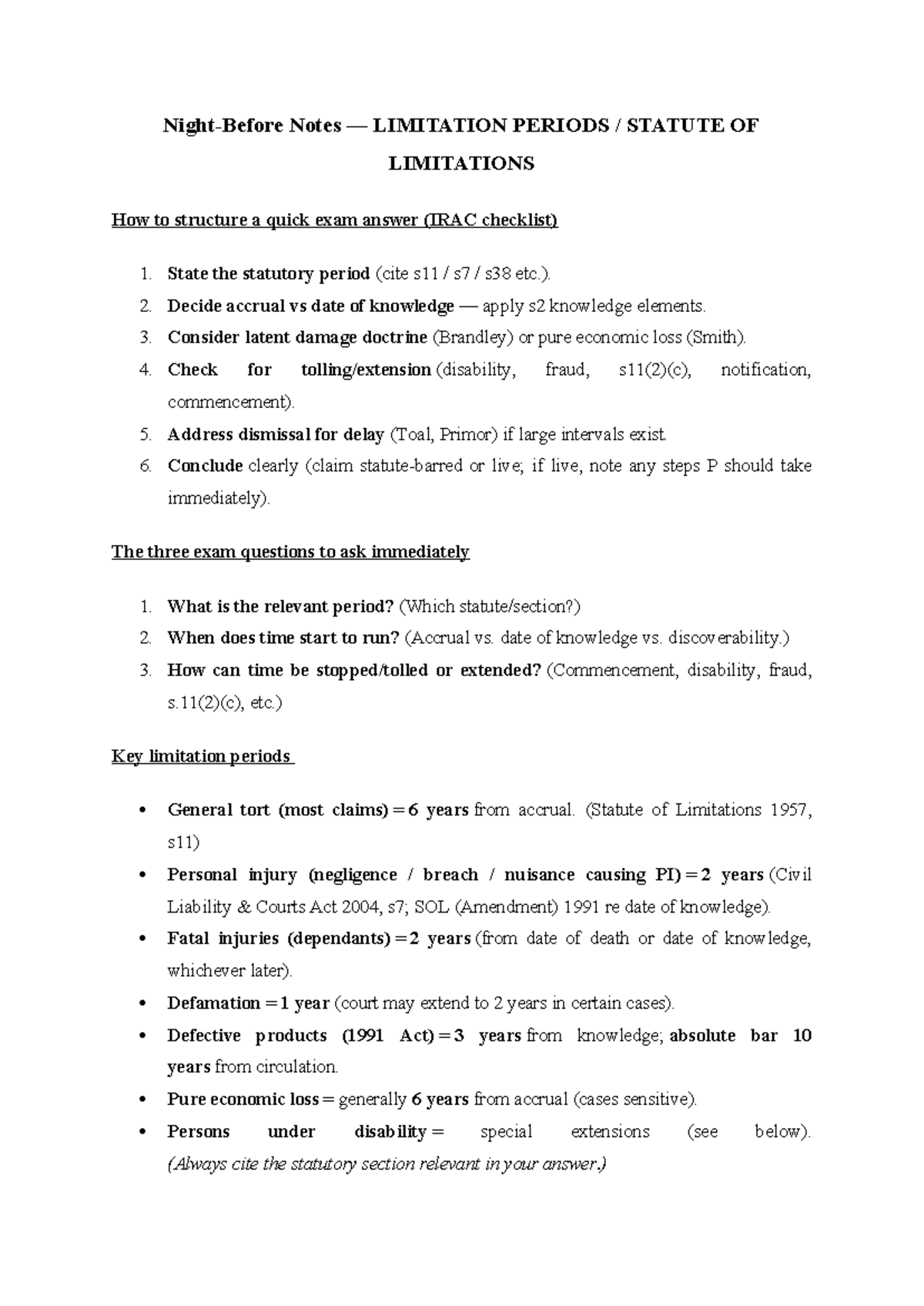Night-Before Notes: Limitation Periods & Statute of Limitations Exam ...