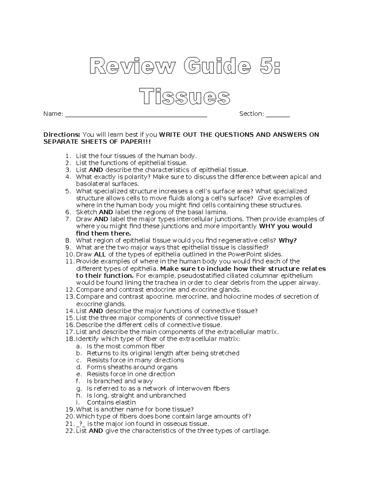 5 Tissues Review Guide Stock 2021 - Name