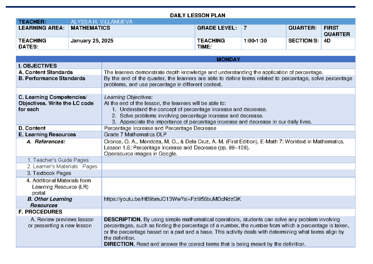 Daily Lesson Plan - DAILY LESSON PLAN TEACHER: ALYSSA H. VILLANUEVA ...