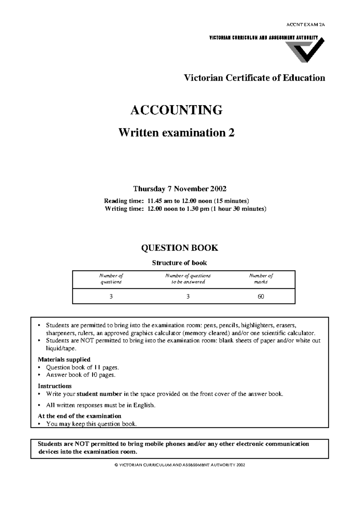 2002 VCAA Unit 4 - Accounting Exam: Question Book ACCNT EXAM 2A - Studocu