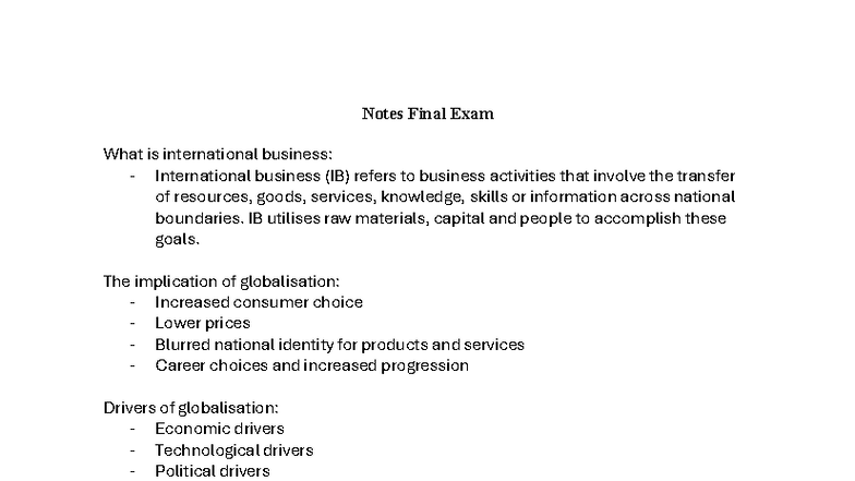 IBUS2101 final exam - Notes Final Exam What is international business ...