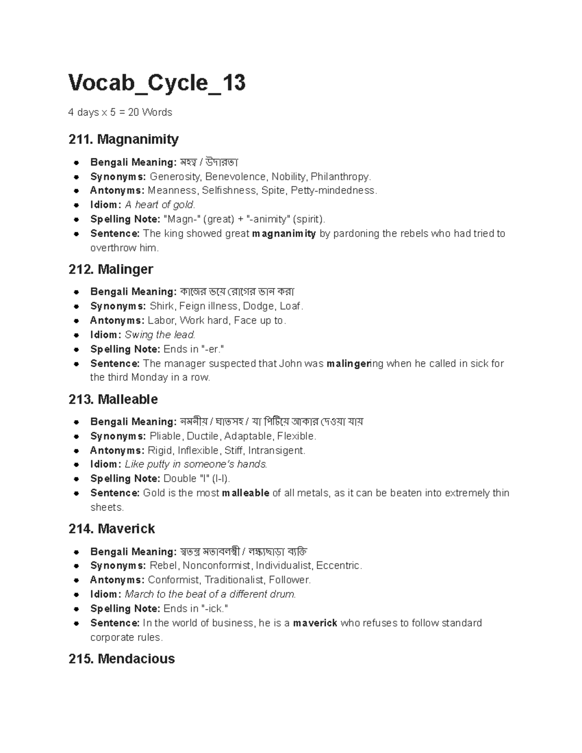 Vocab Cycle 13: 20 Words with Meanings and Examples - Studocu