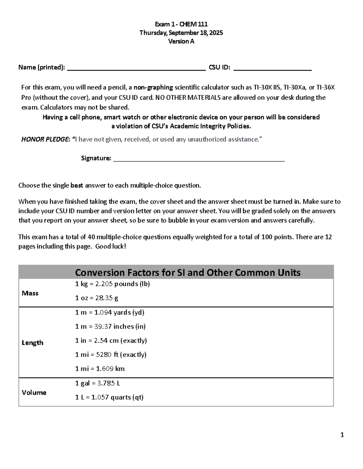 Exam 1 CHEM111 Fa25 - Multiple Choice Questions - Studocu