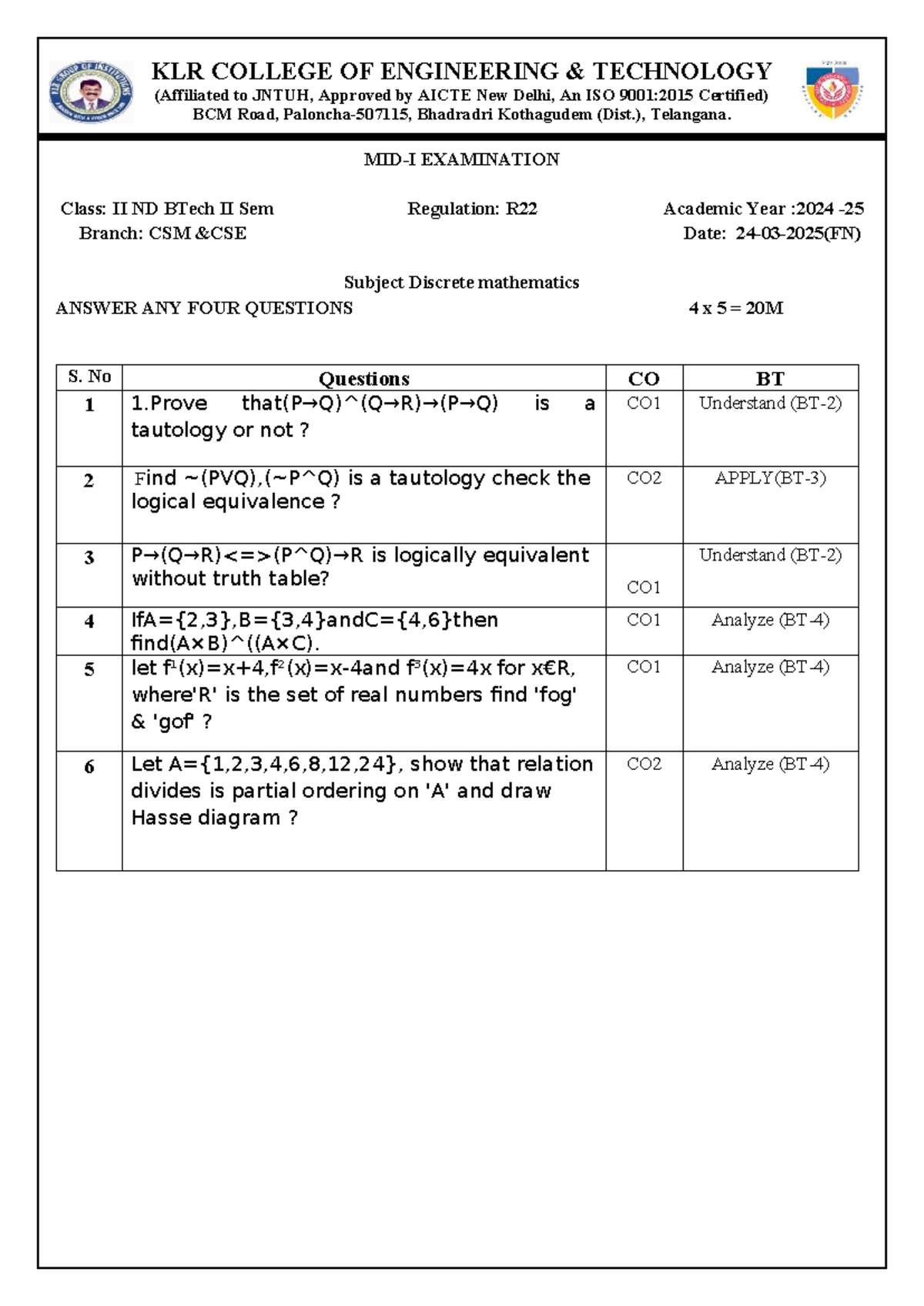 Discrete Mathematics Exam Questions - BTech II Sem CSM R22 - Studocu