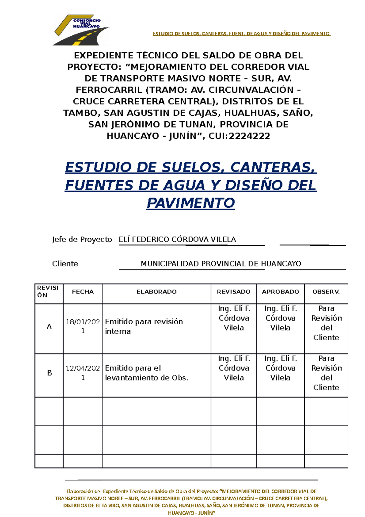 Estudio de Suelos para el Proyecto de Mejora Vial (CUI: HUANCAYO) - Document Preview