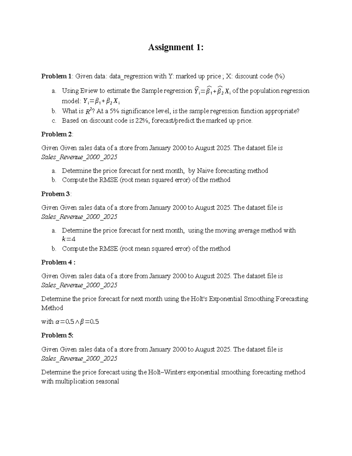 Assignment 1: Regression & Forecasting Techniques Analysis - Studocu