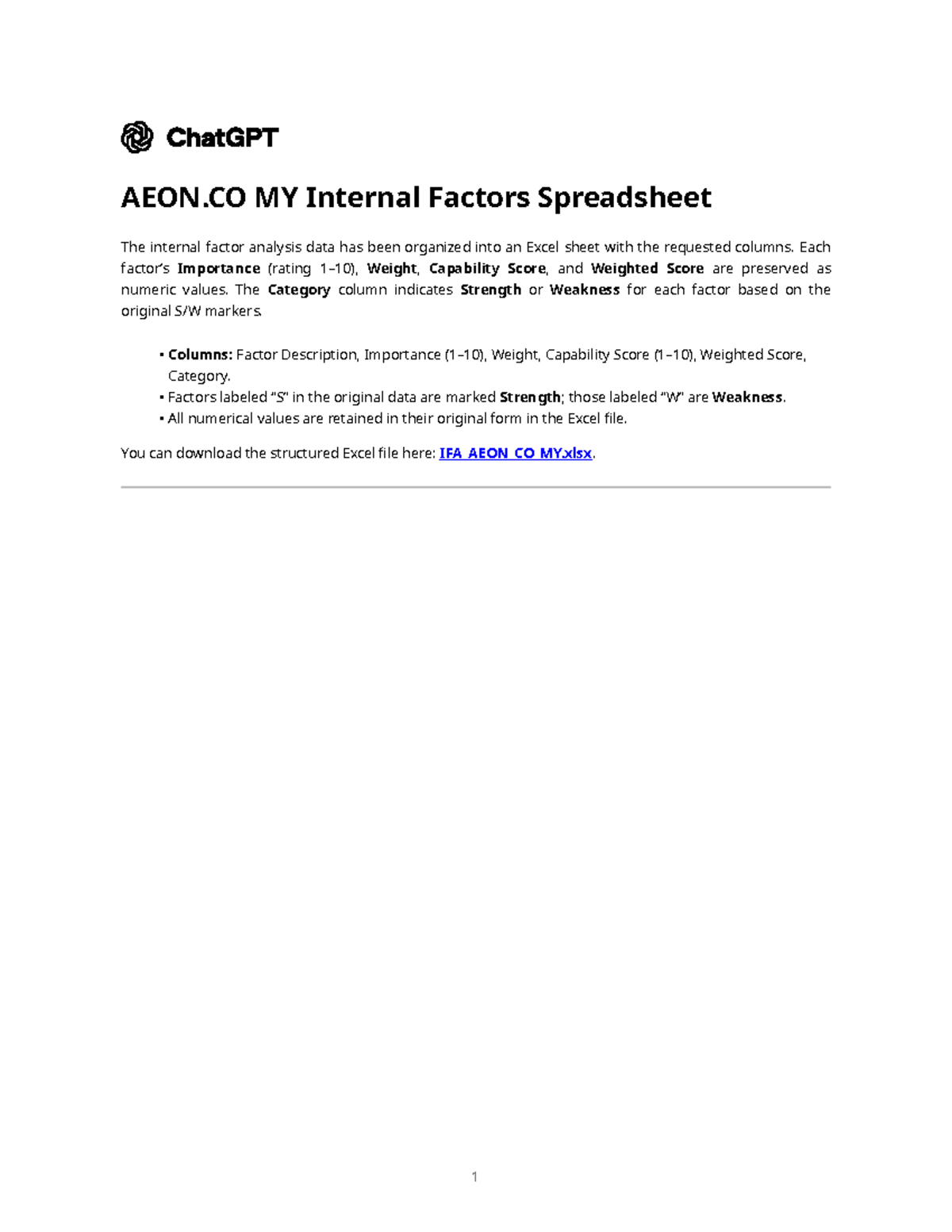 AEON.CO MY Internal Factors Spreadsheet - AEON MY Internal Factors ...