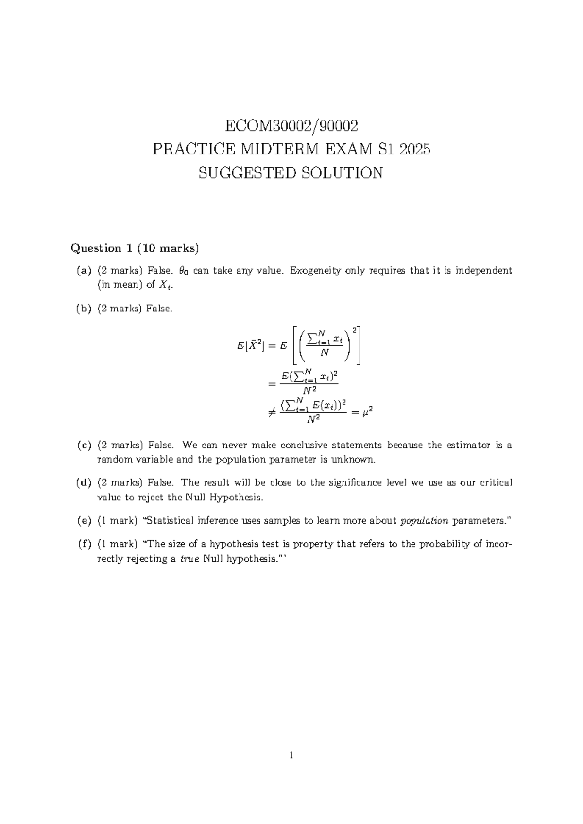 Suggested Solutions for Practice Midterm Exam ECOM30002 S1 2025 - Studocu