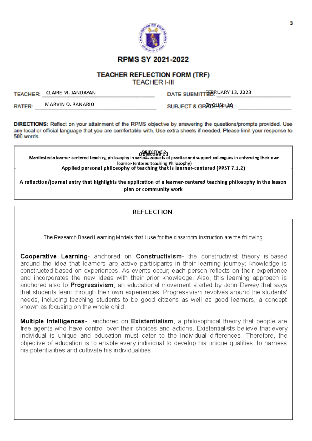 LAS 2 - LEARNING ACTIVITY SHEET - ANSWER SHEET IN ENGLISH 10 ( QUARTER ...