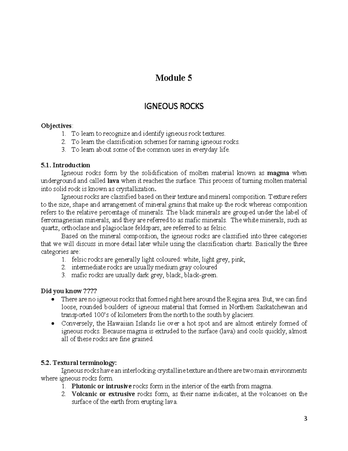 Geol 102 - Module 5 Igenous Rocks - Module 5 IGNEOUS ROCKS Objectives ...