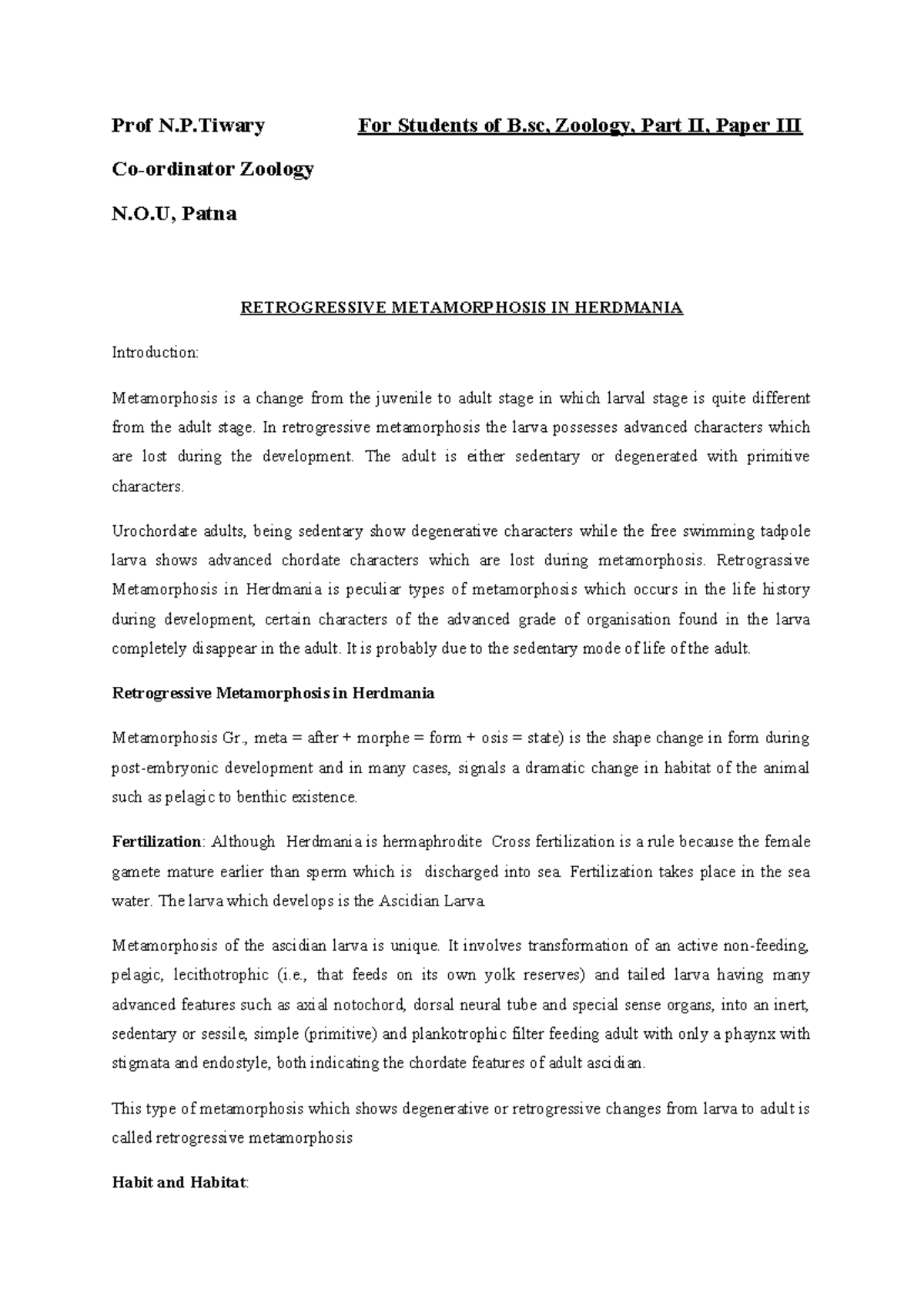 Retrogressive Metamorphosis in Herdmania: Insights & Implications - B ...